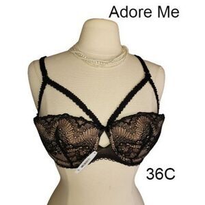 Adore Me Women's 36C Push Up Bra Black Lace Overlay Sexy Cut Out Balconette NEW